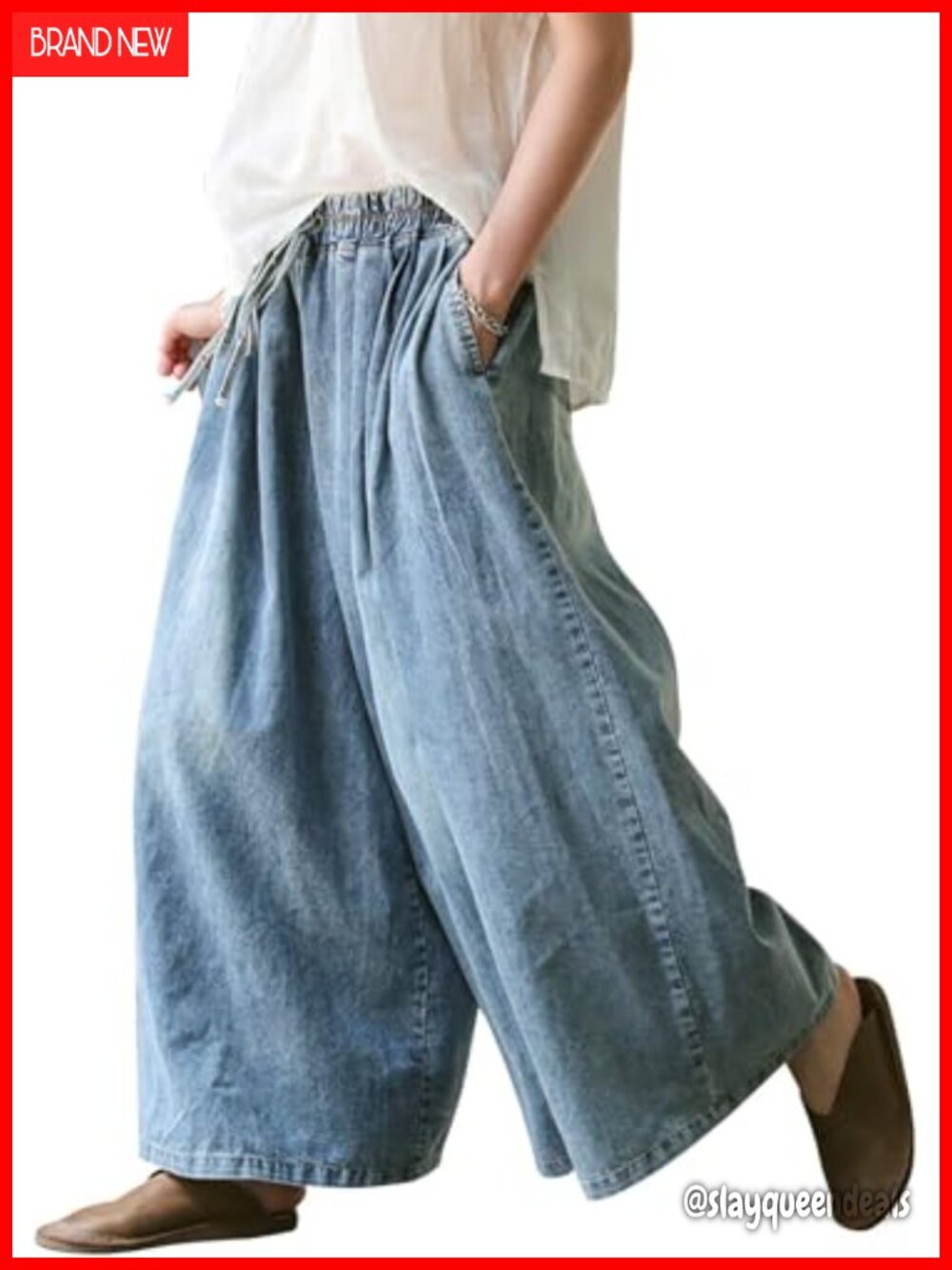 Wide Leg Baggy Jeans Plus Size Loose Elastic Waist Denim Pants Deep Pockets